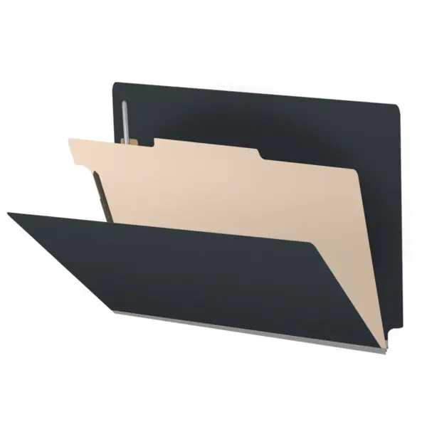 Black Letter Size End Tab One Divider Classification Folder with 2" Gray Tyvek Expansion and 2" Bonded Fasteners on Inside Front and Back and 1" Duo Fastener on Divider, 25 pt Type 3 Pressboard Stock Covers and 18 pt Manila Divider, Packaged 10/50