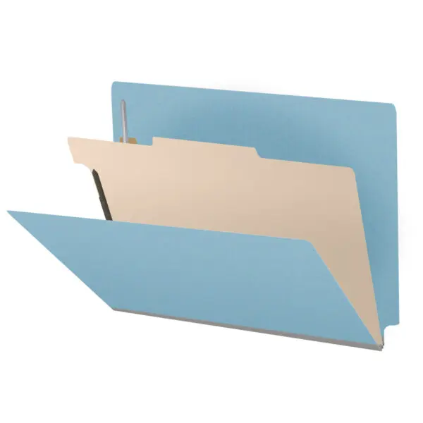 Blue Letter Size End Tab One Divider Classification Folder with 2" Gray Tyvek Expansion and 2" Bonded Fasteners on Inside Front and Back and 1" Duo Fastener on Divider, 25 pt Type 3 Pressboard Stock Covers and 18 pt Manila Divider, Packaged 10/50
