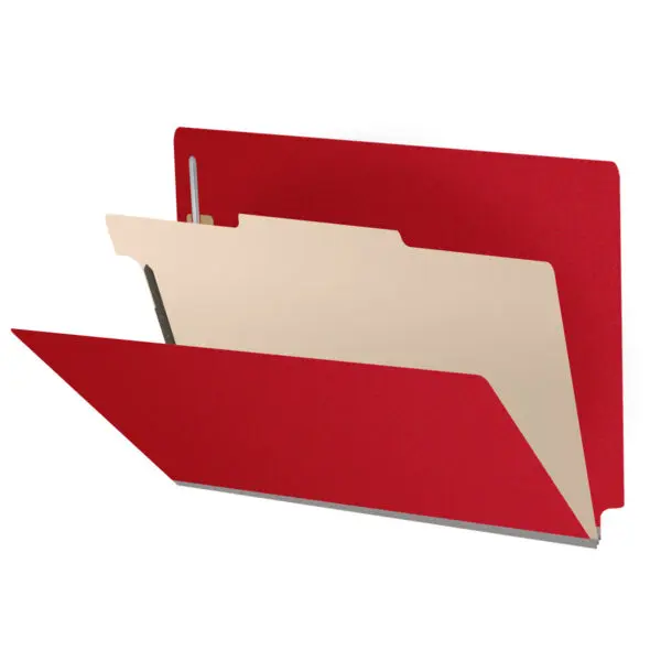 Deep Red Letter Size End Tab One Divider Classification Folder with 2" Gray Tyvek Expansion and 2" Bonded Fasteners on Inside Front and Back and 1" Duo Fastener on Divider, 25 pt Type 3 Pressboard Stock Covers and 18 pt Manila Divider, Packaged 10/50