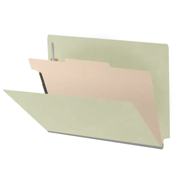 Green Letter Size End Tab One Divider Classification Folder with 2" Pearl Green Tyvek Expansion and 2" Bonded Fasteners on Inside Front and Back and 1" Duo Fastener on Divider, 25 pt Type 3 Pressboard Stock Covers and 18 pt Manila Divider, Packaged 10/50