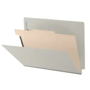 Grey Letter Size End Tab One Divider Classification Folder with 2" Gray Tyvek Expansion and 2" Bonded Fasteners on Inside Front and Back and 1" Duo Fastener on Divider, 25 pt Type 3 Pressboard Stock Covers and 18 pt Manila Divider, Packaged 10/50