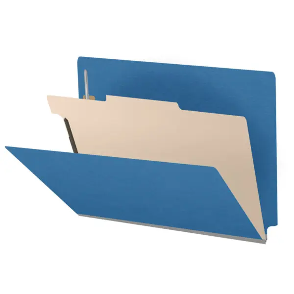 Royal Blue Letter Size End Tab One Divider Classification Folder with 2" Dark Blue Tyvek Expansion and 2" Bonded Fasteners on Inside Front and Back and 1" Duo Fastener on Divider, 25 pt Type 3 Pressboard Stock Covers and 18 pt Manila Divider, Packaged 10/50
