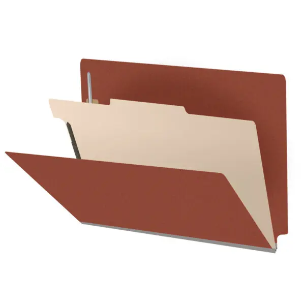 Red Letter Size End Tab One Divider Classification Folder with 2" Russet Brown Tyvek Expansion and 2" Bonded Fasteners on Inside Front and Back and 1" Duo Fastener on Divider, 25 pt Type 3 Pressboard Stock Covers and 18 pt Manila Divider, Packaged 10/50