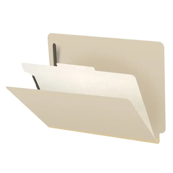 Manila Letter Size End Tab One Divider Classification Folder with 2" Gray Tyvek Expansion and 2" Bonded Fasteners on Inside Front and Back and 1" Duo Fastener on Divider, 18 pt Manila Stock, Packaged 10/50