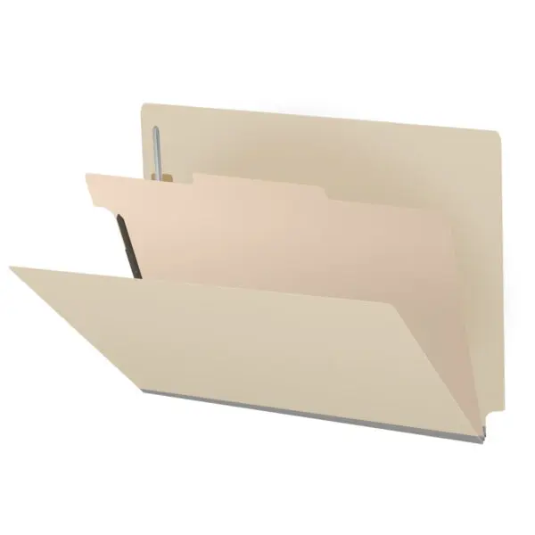 Manila Letter Size End Tab One Divider Classification Folder with 2" Gray Tyvek Expansion and 2" Bonded Fasteners on Inside Front and Back and 1" Duo Fastener on Divider, 18 pt Manila Stock, Packaged 10/50