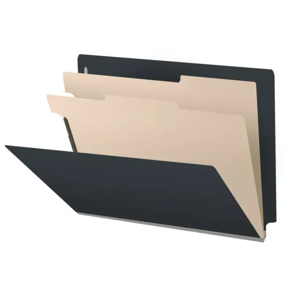 Black Letter Size End Tab Two Divider Classification Folder with 2" Gray Tyvek Expansion and 2" Bonded Fasteners on Inside Front and Back and 1" Duo Fastener on Dividers, 25 pt Type 3 Pressboard Stock Covers and 18 pt Manila Dividers, Packaged 10/50
