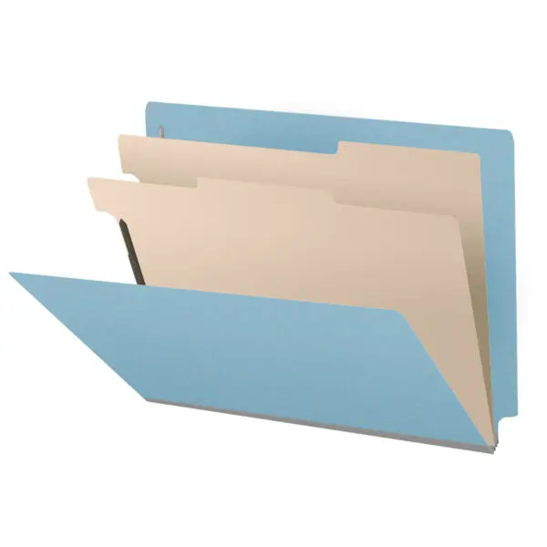 Blue Letter Size End Tab Two Divider Classification Folder with 2" Gray Tyvek Expansion and 2" Bonded Fasteners on Inside Front and Back and 1" Duo Fastener on Dividers, 25 pt Type 3 Pressboard Stock Covers and 18 pt Manila Dividers, Packaged 10/50