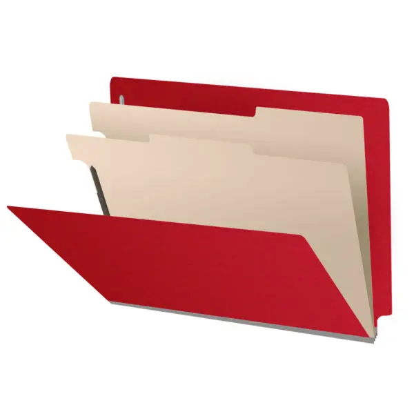 Deep Red Letter Size End Tab Two Divider Classification Folder with 2" Gray Tyvek Expansion and 2" Bonded Fasteners on Inside Front and Back and 1" Duo Fastener on Dividers, 25 pt Type 3 Pressboard Stock Covers and 18 pt Manila Dividers, Packaged 10/50