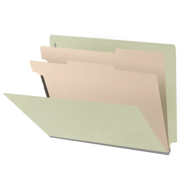 Green Letter Size End Tab Two Divider Classification Folder with 2" Pearl Green Tyvek Expansion and 2" Bonded Fasteners on Inside Front and Back and 1" Duo Fastener on Dividers, 25 pt Type 3 Pressboard Stock Covers and 18 pt Manila Dividers, Packaged 10/50