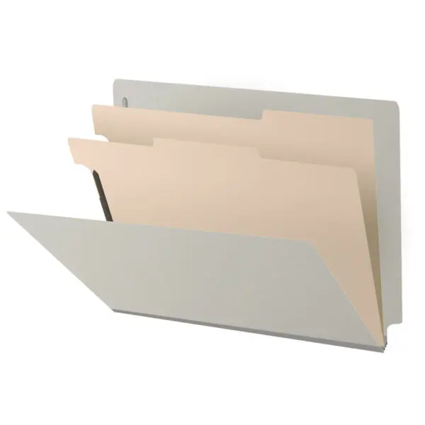 Grey Letter Size End Tab Two Divider Classification Folder with 2" Gray Tyvek Expansion and 2" Bonded Fasteners on Inside Front and Back and 1" Duo Fastener on Dividers, 25 pt Type 3 Pressboard Stock Covers and 18 pt Manila Dividers, Packaged 10/50