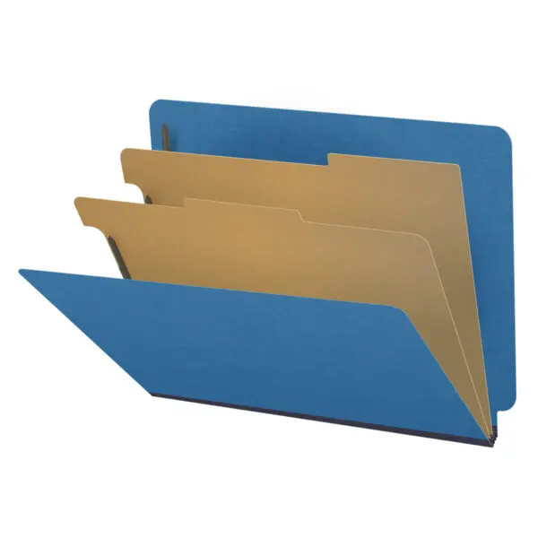 Royal Blue Letter Size End Tab Two Divider Classification Folder with 2" Dark Blue Tyvek Expansion and 2" Bonded Fasteners on Inside Front and Back and 1" Duo Fastener on Dividers, 25 pt Type 3 Pressboard Stock Covers and 18 pt Manila Dividers, Packaged 10/50
