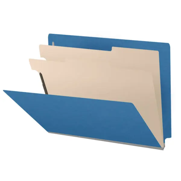 Royal Blue Letter Size End Tab Two Divider Classification Folder with 2" Dark Blue Tyvek Expansion and 2" Bonded Fasteners on Inside Front and Back and 1" Duo Fastener on Dividers, 25 pt Type 3 Pressboard Stock Covers and 18 pt Manila Dividers, Packaged 10/50