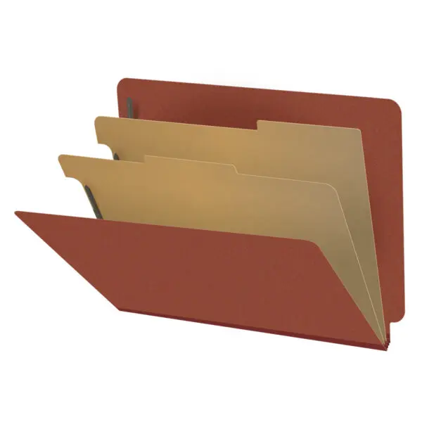Red Letter Size End Tab Two Divider Classification Folder with 2" Russet Brown Tyvek Expansion and 2" Bonded Fasteners on Inside Front and Back and 1" Duo Fastener on Dividers, 25 pt Type 3 Pressboard Stock Covers and 18 pt Manila Dividers, Packaged 10/50