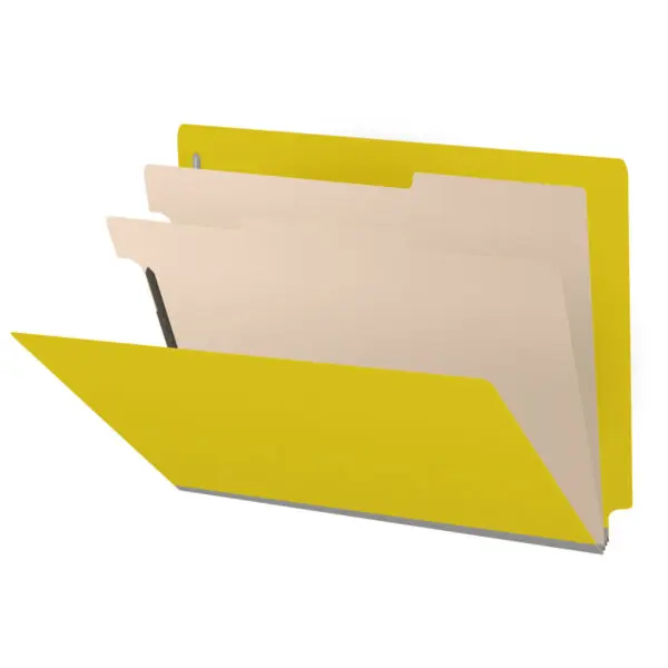 Yellow Letter Size End Tab Two Divider Classification Folder with 2" Lemon Yellow Tyvek Expansion and 2" Bonded Fasteners on Inside Front and Back and 1" Duo Fastener on Dividers, 25 pt Type 3 Pressboard Stock Covers and 18 pt Manila Dividers, Packaged 10/50