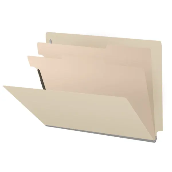 Manila Letter Size End Tab Two Divider Classification Folder with 2" Gray Tyvek Expansion and 2" Bonded Fasteners on Inside Front and Back and 1" Duo Fastener on Dividers, 18 pt Manila Stock, Packaged 10/50