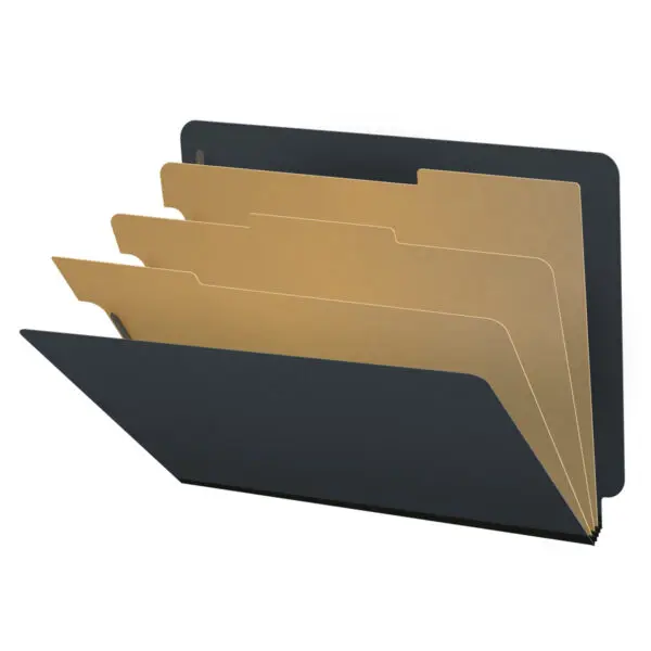 Black Letter Size End Tab Three Divider Classification Folder with 3" Gray Tyvek Expansion and 2" Bonded Fasteners on Inside Front and Back and 1" Duo Fastener on Dividers, 25 pt Type 3 Pressboard Stock Covers and 18 pt Manila Dividers, Packaged 10/50