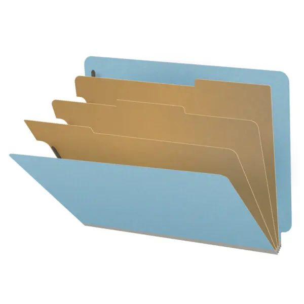Blue Letter Size End Tab Three Divider Classification Folder with 3" Gray Tyvek Expansion and 2" Bonded Fasteners on Inside Front and Back and 1" Duo Fastener on Dividers, 25 pt Type 3 Pressboard Stock Covers and 18 pt Manila Dividers, Packaged 10/50