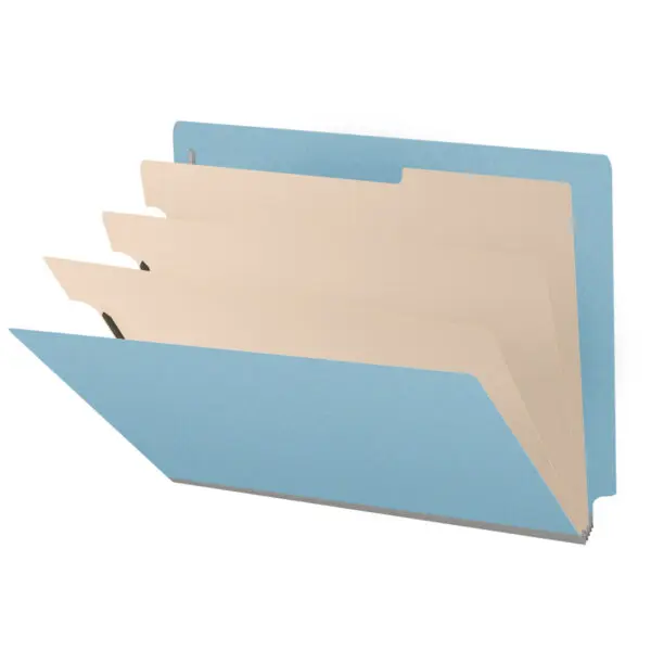 Blue Letter Size End Tab Three Divider Classification Folder with 3" Gray Tyvek Expansion and 2" Bonded Fasteners on Inside Front and Back and 1" Duo Fastener on Dividers, 25 pt Type 3 Pressboard Stock Covers and 18 pt Manila Dividers, Packaged 10/50
