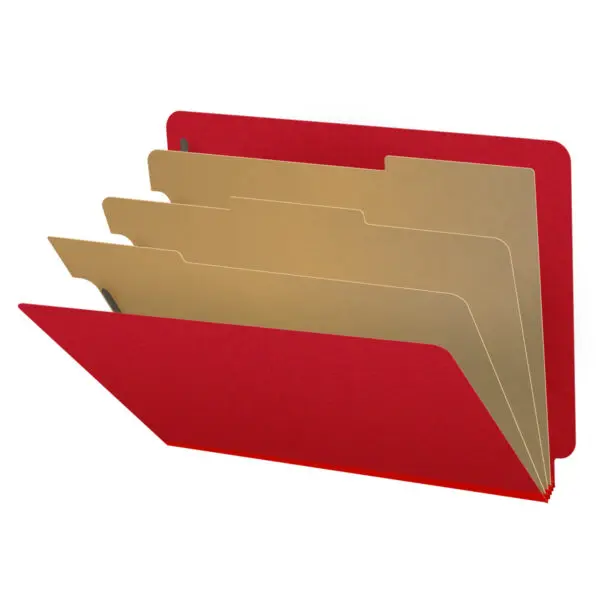 Deep Red Letter Size End Tab Three Divider Classification Folder with 3" Gray Tyvek Expansion and 2" Bonded Fasteners on Inside Front and Back and 1" Duo Fastener on Dividers, 25 pt Type 3 Pressboard Stock Covers and 18 pt Manila Dividers, Packaged 10/50