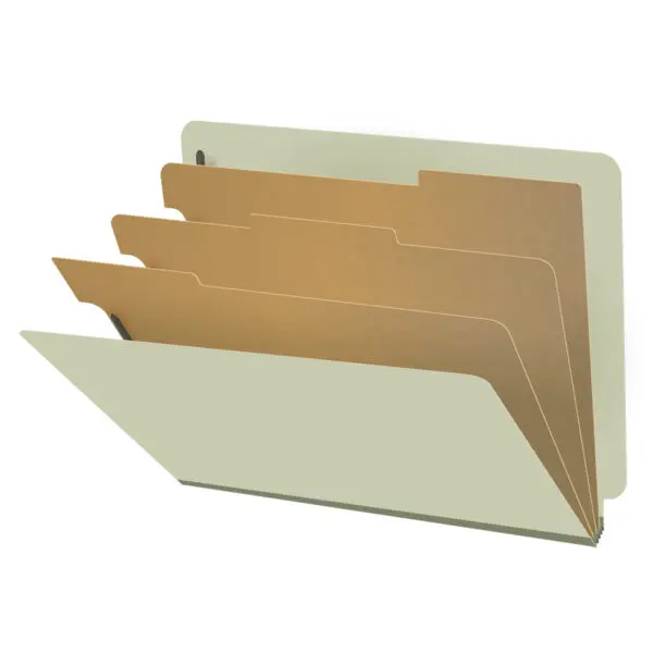 Green Letter Size End Tab Three Divider Classification Folder with 3" Pearl Green Tyvek Expansion and 2" Bonded Fasteners on Inside Front and Back and 1" Duo Fastener on Dividers, 25 pt Type 3 Pressboard Stock Covers and 18 pt Manila Dividers, Packaged 10/50