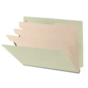 Green Letter Size End Tab Three Divider Classification Folder with 3" Pearl Green Tyvek Expansion and 2" Bonded Fasteners on Inside Front and Back and 1" Duo Fastener on Dividers, 25 pt Type 3 Pressboard Stock Covers and 18 pt Manila Dividers, Packaged 10/50