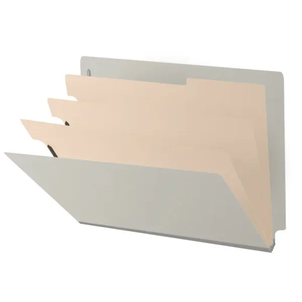 Grey Letter Size End Tab Three Divider Classification Folder with 3" Gray Tyvek Expansion and 2" Bonded Fasteners on Inside Front and Back and 1" Duo Fastener on Dividers, 25 pt Type 3 Pressboard Stock Covers and 18 pt Manila Dividers, Packaged 10/50