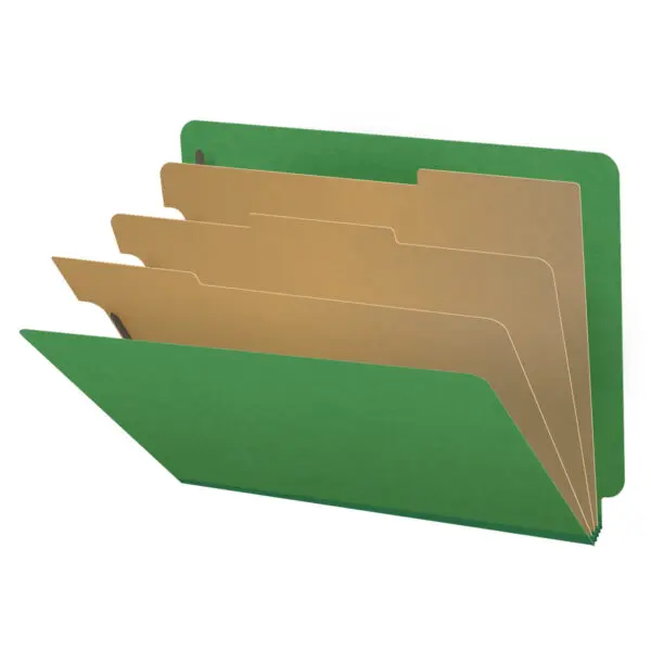 Moss Green Letter Size End Tab Three Divider Classification Folder with 3" Spring Green Tyvek Expansion and 2" Bonded Fasteners on Inside Front and Back and 1" Duo Fastener on Dividers, 25 pt Type 3 Pressboard Stock Covers and 18 pt Manila Dividers, Packaged 10/50