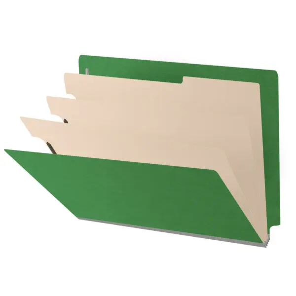 Moss Green Letter Size End Tab Three Divider Classification Folder with 3" Spring Green Tyvek Expansion and 2" Bonded Fasteners on Inside Front and Back and 1" Duo Fastener on Dividers, 25 pt Type 3 Pressboard Stock Covers and 18 pt Manila Dividers, Packaged 10/50