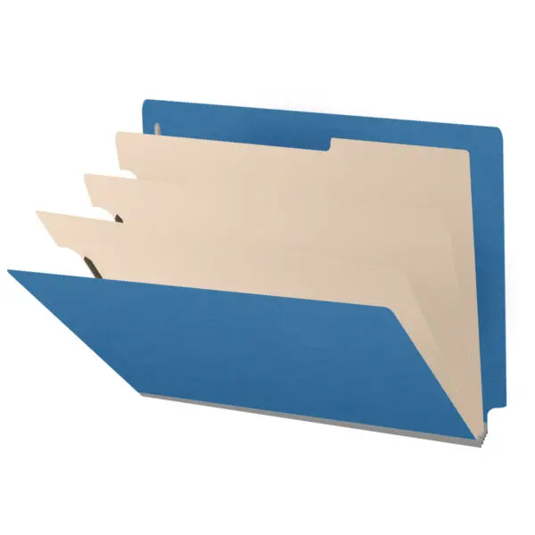 Royal Blue Letter Size End Tab Three Divider Classification Folder with 3" Dark Blue Tyvek Expansion and 2" Bonded Fasteners on Inside Front and Back and 1" Duo Fastener on Dividers, 25 pt Type 3 Pressboard Stock Covers and 18 pt Manila Dividers, Packaged 10/50