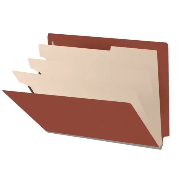 Red Letter Size End Tab Three Divider Classification Folder with 3" Russet Brown Tyvek Expansion and 2" Bonded Fasteners on Inside Front and Back and 1" Duo Fastener on Dividers, 25 pt Type 3 Pressboard Stock Covers and 18 pt Manila Dividers, Packaged 10/50