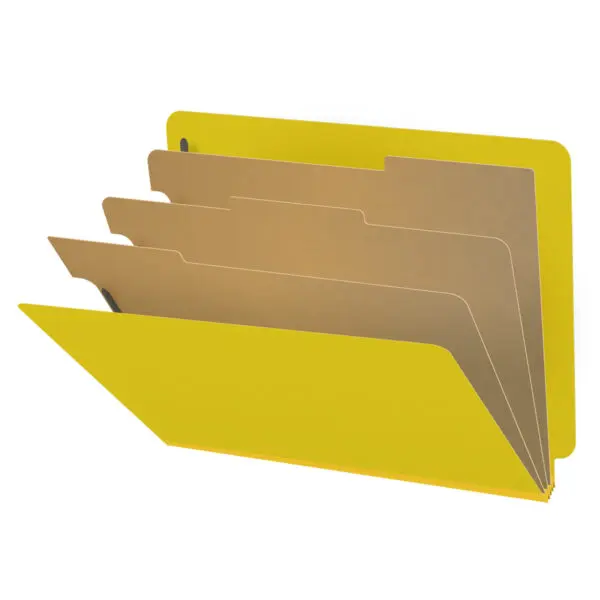 Yellow Letter Size End Tab Three Divider Classification Folder with 3" Lemon Yellow Tyvek Expansion and 2" Bonded Fasteners on Inside Front and Back and 1" Duo Fastener on Dividers, 25 pt Type 3 Pressboard Stock Covers and 18 pt Manila Dividers, Packaged 10/50