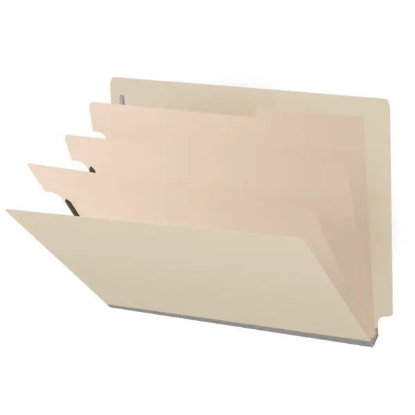 Manila Letter Size End Tab Three Divider Classification Folder with 3" Gray Tyvek Expansion and 2" Bonded Fasteners on Inside Front and Back and 1" Duo Fastener on Dividers, 18 pt Manila Stock, Packaged 10/50
