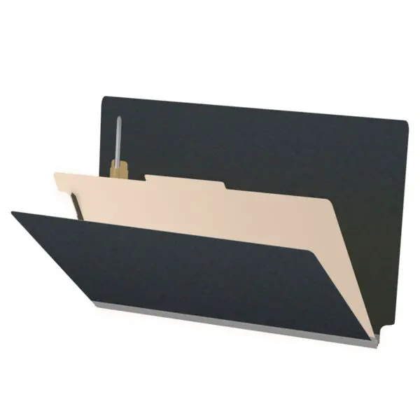 Black Legal Size End Tab One Divider Classification Folder with 2" Gray Tyvek Expansion and 2" Bonded Fasteners on Inside Front and Back and 1" Duo Fastener on Divider, 25 pt Type 3 Pressboard Stock Covers and 18 pt Manila Divider, Packaged 10/50