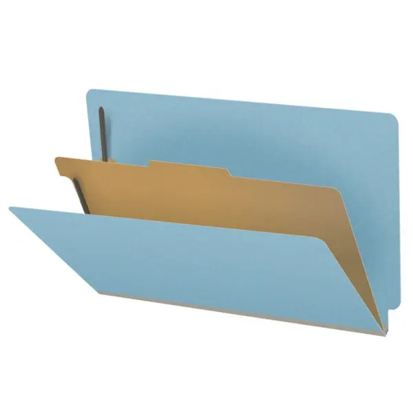Blue Legal Size End Tab One Divider Classification Folder with 2" Gray Tyvek Expansion and 2" Bonded Fasteners on Inside Front and Back and 1" Duo Fastener on Divider, 25 pt Type 3 Pressboard Stock Covers and 18 pt Manila Divider, Packaged 10/50