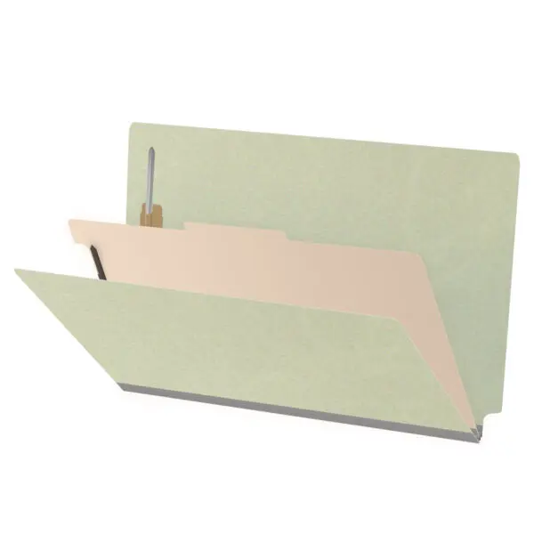 Green Legal Size End Tab One Divider Classification Folder with 2" Pearl Green Tyvek Expansion and 2" Bonded Fasteners on Inside Front and Back and 1" Duo Fastener on Divider, 25 pt Type 3 Pressboard Stock Covers and 18 pt Manila Divider, Packaged 10/50