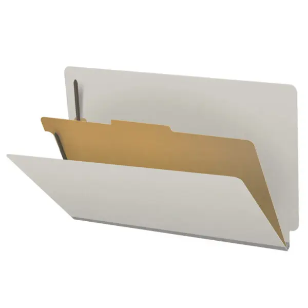 Grey Legal Size End Tab One Divider Classification Folder with 2" Gray Tyvek Expansion and 2" Bonded Fasteners on Inside Front and Back and 1" Duo Fastener on Divider, 25 pt Type 3 Pressboard Stock Covers and 18 pt Manila Divider, Packaged 10/50