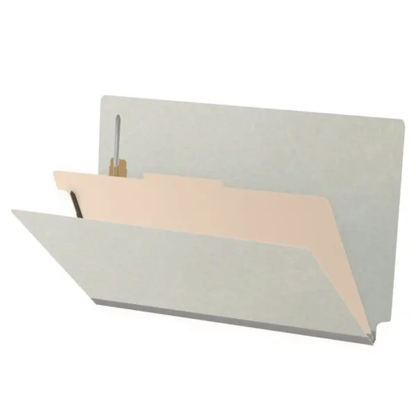 Grey Legal Size End Tab One Divider Classification Folder with 2" Gray Tyvek Expansion and 2" Bonded Fasteners on Inside Front and Back and 1" Duo Fastener on Divider, 25 pt Type 3 Pressboard Stock Covers and 18 pt Manila Divider, Packaged 10/50