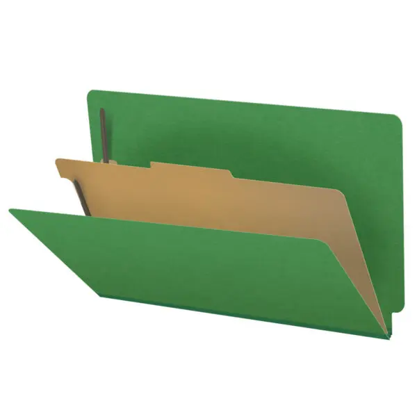 Moss Green Legal Size End Tab One Divider Classification Folder with 2" Spring Green Tyvek Expansion and 2" Bonded Fasteners on Inside Front and Back and 1" Duo Fastener on Divider, 25 pt Type 3 Pressboard Stock Covers and 18 pt Manila Divider, Packaged 10/50