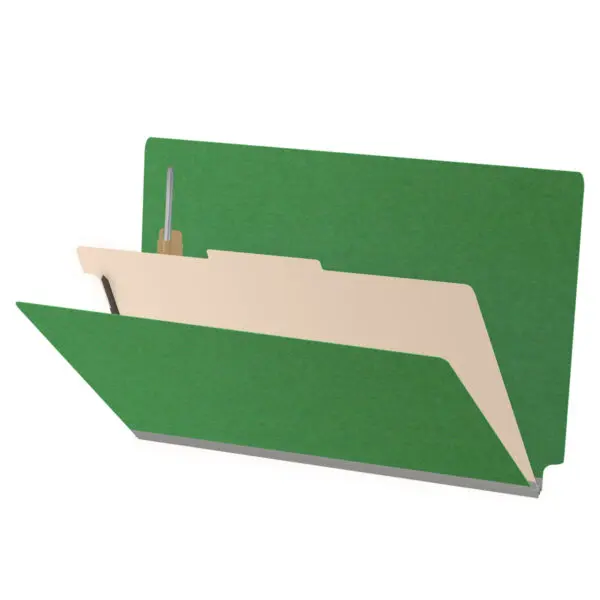 Moss Green Legal Size End Tab One Divider Classification Folder with 2" Spring Green Tyvek Expansion and 2" Bonded Fasteners on Inside Front and Back and 1" Duo Fastener on Divider, 25 pt Type 3 Pressboard Stock Covers and 18 pt Manila Divider, Packaged 10/50
