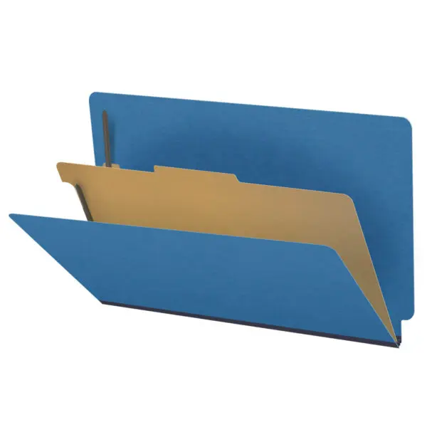 Royal Blue Legal Size End Tab One Divider Classification Folder with 2" Dark Blue Tyvek Expansion and 2" Bonded Fasteners on Inside Front and Back and 1" Duo Fastener on Divider, 25 pt Type 3 Pressboard Stock Covers and 18 pt Manila Divider, Packaged 10/50