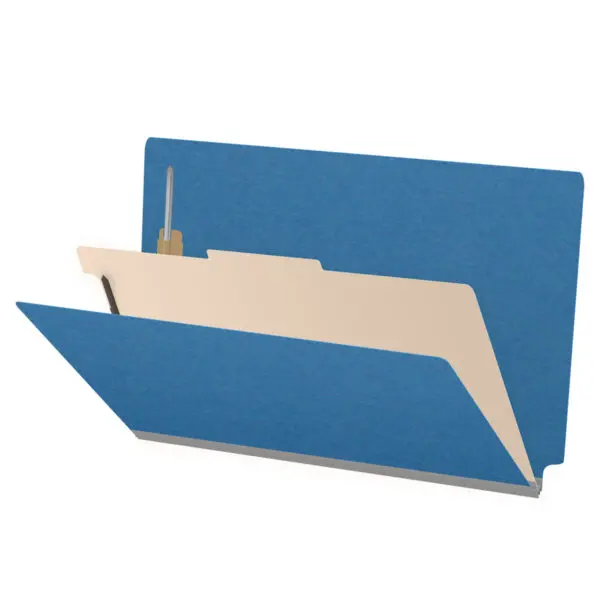 Royal Blue Legal Size End Tab One Divider Classification Folder with 2" Dark Blue Tyvek Expansion and 2" Bonded Fasteners on Inside Front and Back and 1" Duo Fastener on Divider, 25 pt Type 3 Pressboard Stock Covers and 18 pt Manila Divider, Packaged 10/50