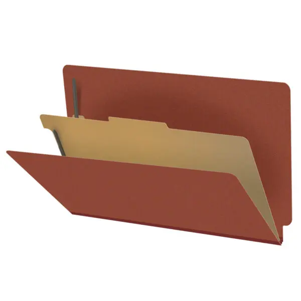 Red Legal Size End Tab One Divider Classification Folder with 2" Russet Brown Tyvek Expansion and 2" Bonded Fasteners on Inside Front and Back and 1" Duo Fastener on Divider, 25 pt Type 3 Pressboard Stock Covers and 18 pt Manila Divider, Packaged 10/50