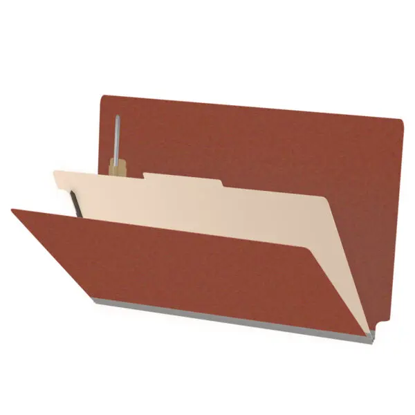 Red Legal Size End Tab One Divider Classification Folder with 2" Russet Brown Tyvek Expansion and 2" Bonded Fasteners on Inside Front and Back and 1" Duo Fastener on Divider, 25 pt Type 3 Pressboard Stock Covers and 18 pt Manila Divider, Packaged 10/50