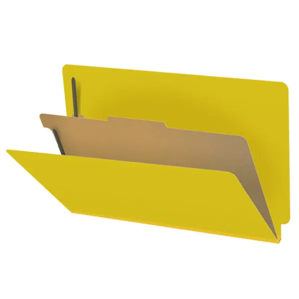 Yellow Legal Size End Tab One Divider Classification Folder with 2" Lemon Yellow Tyvek Expansion and 2" Bonded Fasteners on Inside Front and Back and 1" Duo Fastener on Divider, 25 pt Type 3 Pressboard Stock Covers and 18 pt Manila Divider, Packaged 10/50