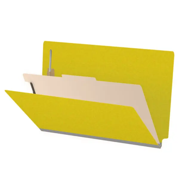 Yellow Legal Size End Tab One Divider Classification Folder with 2" Lemon Yellow Tyvek Expansion and 2" Bonded Fasteners on Inside Front and Back and 1" Duo Fastener on Divider, 25 pt Type 3 Pressboard Stock Covers and 18 pt Manila Divider, Packaged 10/50