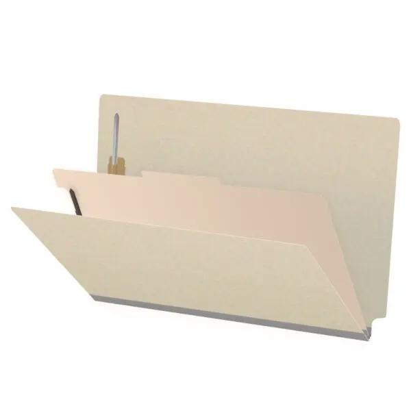 Manila Legal Size End Tab One Divider Classification Folder with 2" Gray Tyvek Expansion and 2" Bonded Fasteners on Inside Front and Back and 1" Duo Fastener on Divider, 18 pt Manila Stock, Packaged 10/50