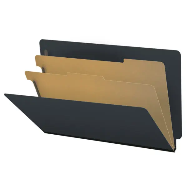 Black Legal Size End Tab Two Divider Classification Folder with 2" Gray Tyvek Expansion and 2" Bonded Fasteners on Inside Front and Inside Back and 1" Duo Fastener on Dividers, 25 pt Type 3 Pressboard Stock Covers and 18 pt Manila Dividers, Packaged 10/50