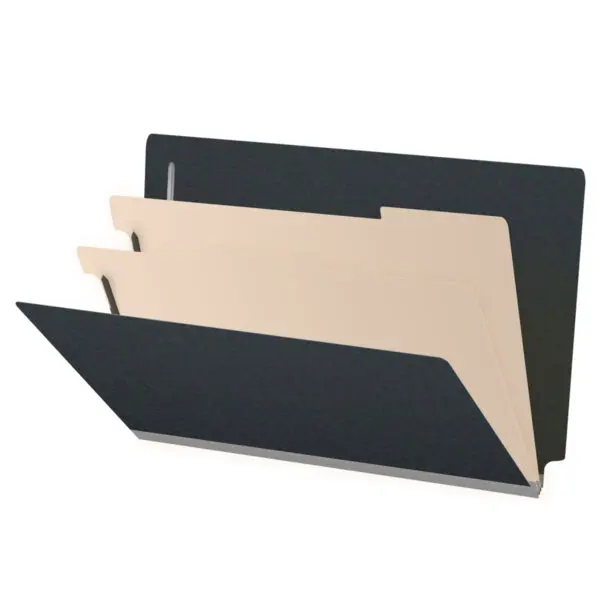 Black Legal Size End Tab Two Divider Classification Folder with 2" Gray Tyvek Expansion and 2" Bonded Fasteners on Inside Front and Inside Back and 1" Duo Fastener on Dividers, 25 pt Type 3 Pressboard Stock Covers and 18 pt Manila Dividers, Packaged 10/50