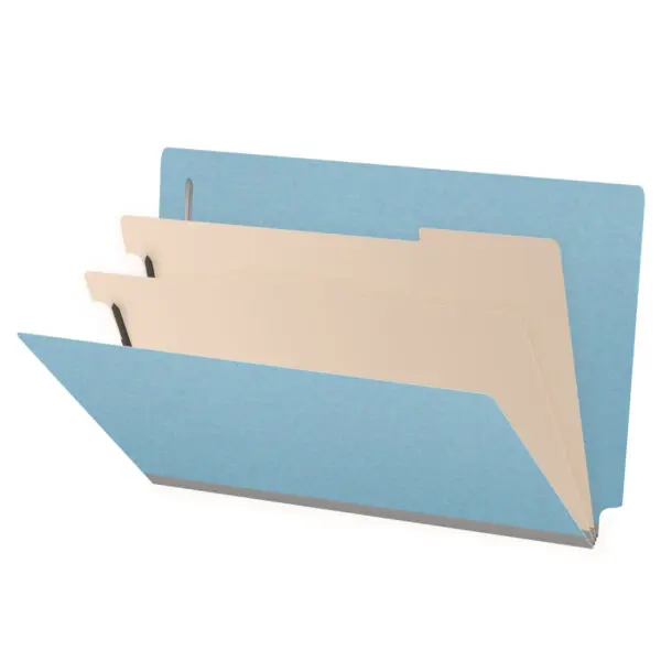 Blue Legal Size End Tab Two Divider Classification Folder with 2" Gray Tyvek Expansion and 2" Bonded Fasteners on Inside Front and Inside Back and 1" Duo Fastener on Dividers, 25 pt Type 3 Pressboard Stock Covers and 18 pt Manila Dividers, Packaged 10/50