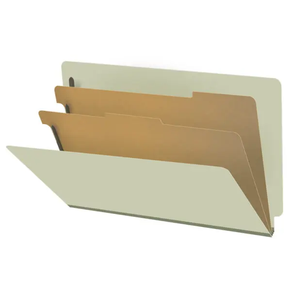 Green Legal Size End Tab Two Divider Classification Folder with 2" Pearl Green Tyvek Expansion and 2" Bonded Fasteners on Inside Front and Inside Back and 1" Duo Fastener on Dividers, 25 pt Type 3 Pressboard Stock Covers and 18 pt Manila Dividers, Packaged 10/50